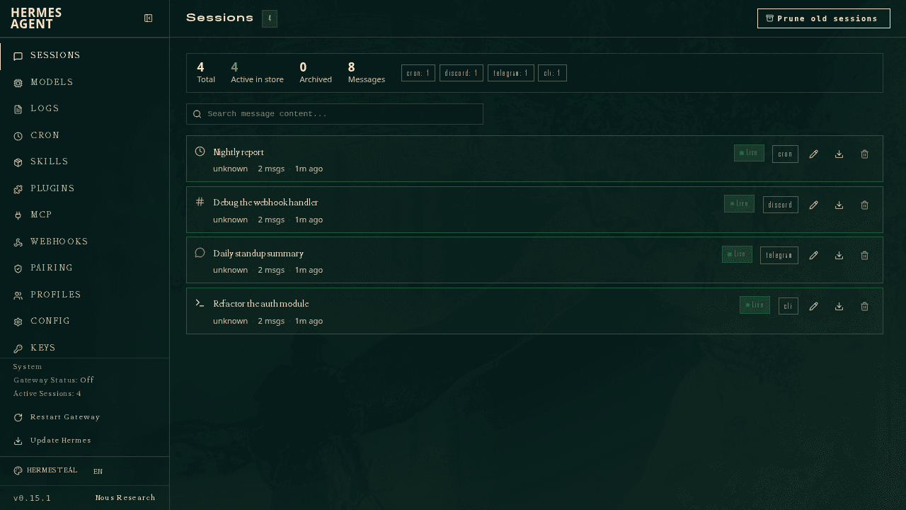 Hermes sessions screen showing scheduled cron sessions and active message history