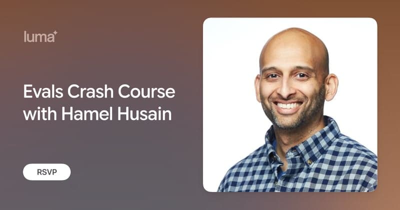 Workshop card for Evals Crash Course with Hamel Husain, showing a portrait of Hamel
