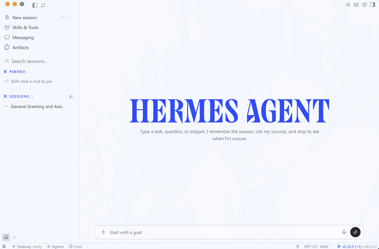 Hermes Desktop app after first launch